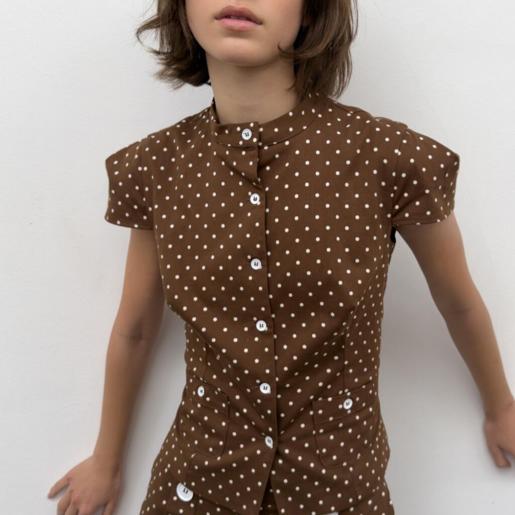 Fashionable Polka Dot Button Short Sleeve Shirt Sexy Shoulder Waist Slimming Sexy Top - Leftover Stylz Boutique