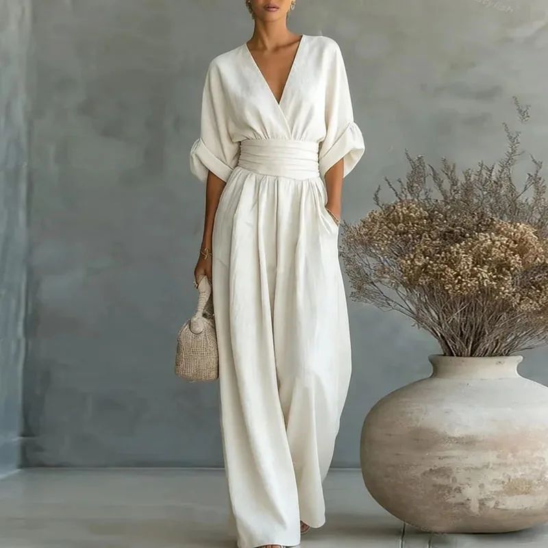 High Waist Women’s Elegant Solid Jumpsuits with Deep V Neck - Leftover Stylz Boutique